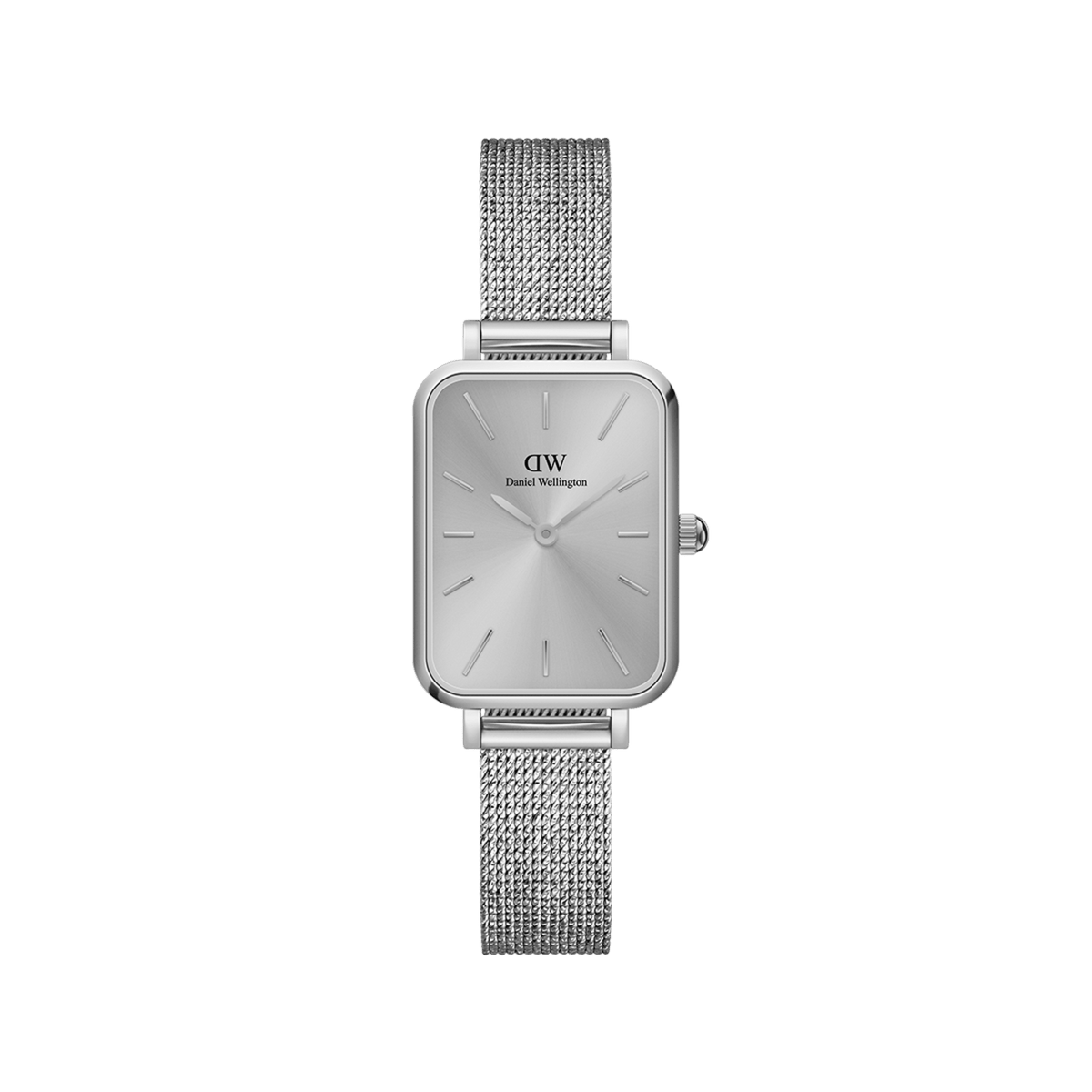 Quadro Pressed Unitone Silver ladies watch featuring a rectangular brushed silver dial and a slim, seamless silver mesh strap, designed for everyday comfort and minimalist style.