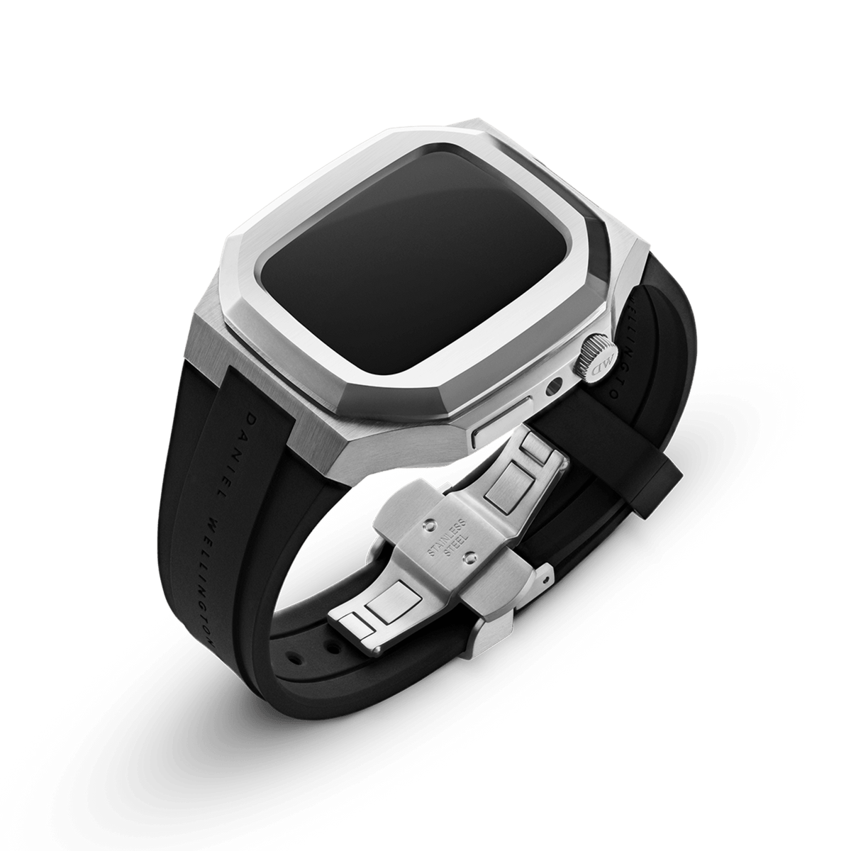Switch Silver Apple Watch case in brushed stainless steel with a geometric octagonal shape, shown with a black rubber strap and deployment clasp for secure fastening, designed for 40mm Apple Watch models.