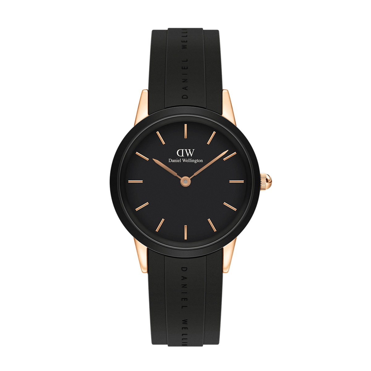 Daniel Wellington Iconic Motion Rose Gold watch with a minimalist black dial, rose gold markers and hands, rose gold stainless steel case, and a black FKM rubber strap, designed for everyday versatility.