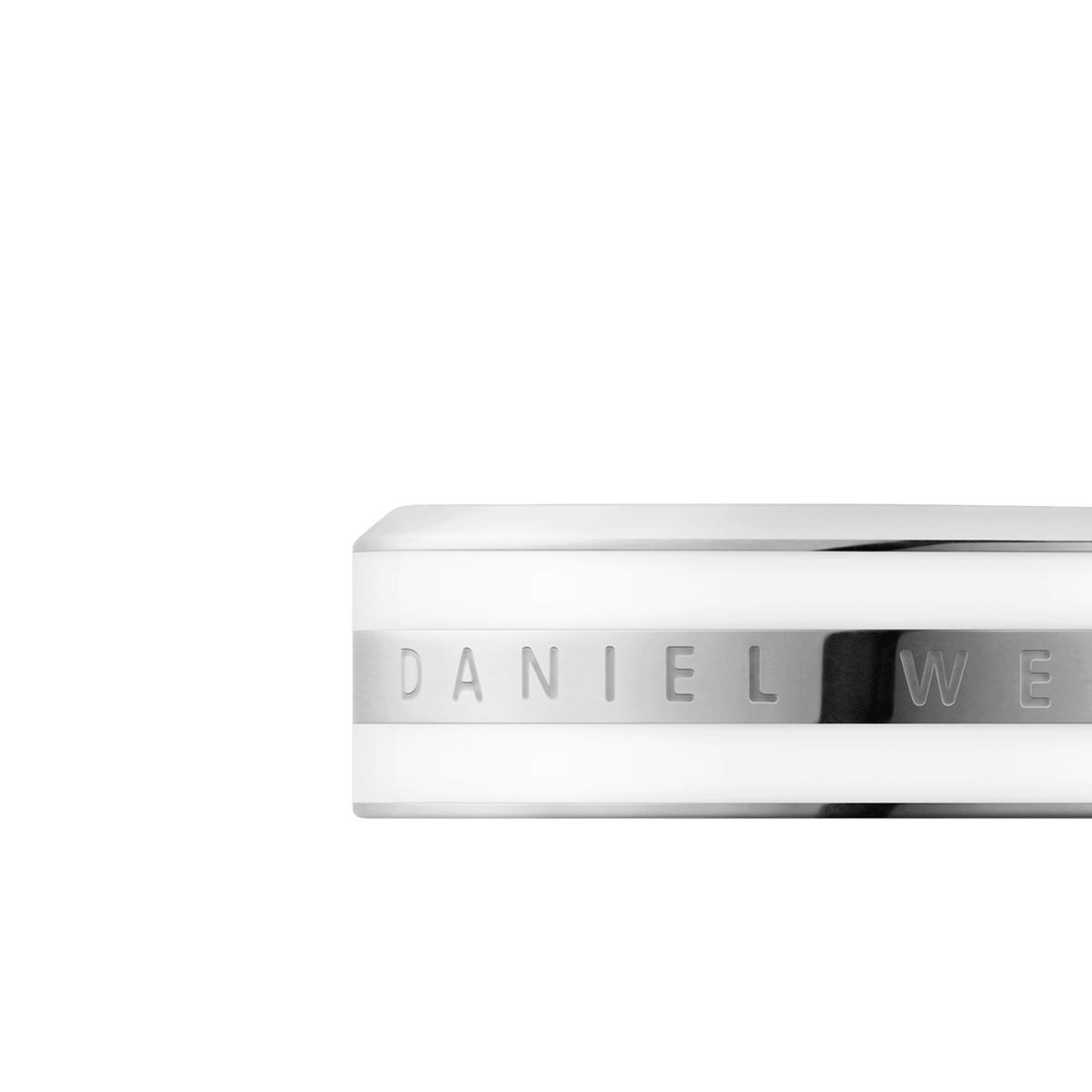 Emalie Ring Silver featuring a polished stainless steel band with a satin white enamel stripe and engraved Daniel Wellington branding, shown from a side angle to highlight its minimalist design.