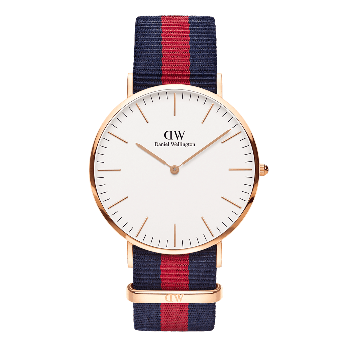 Classic Oxford Rose Gold watch featuring a slim rose gold case, minimalist white dial, and an adjustable blue and red striped NATO strap, suitable for both formal and casual wear.