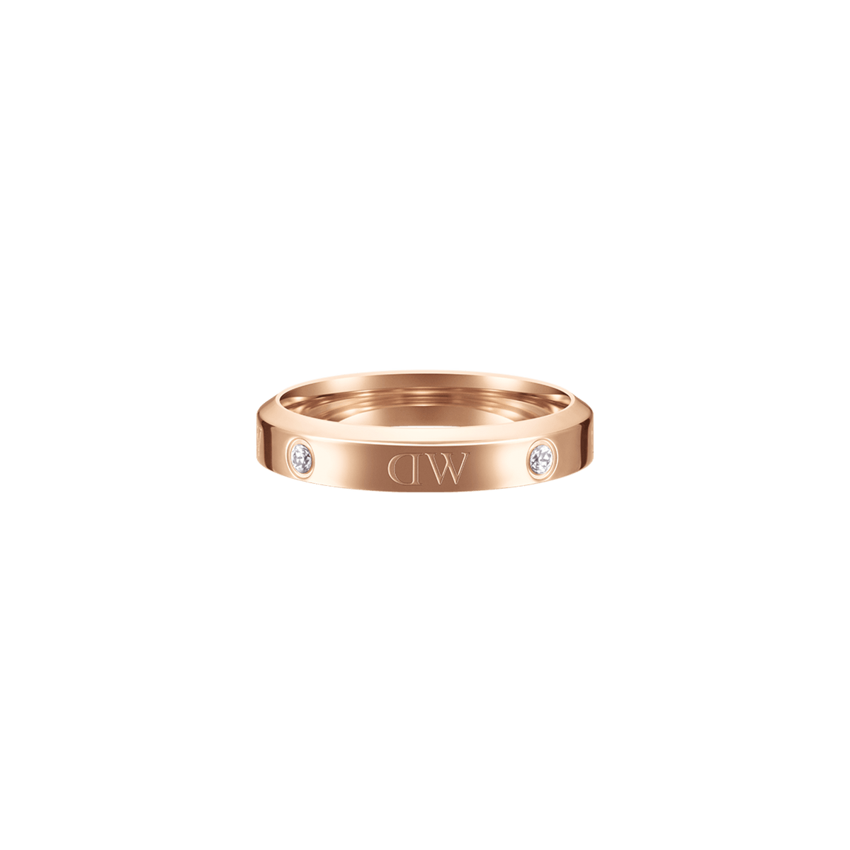Classic Lumine Ring Rose Gold features a slim rose gold band with a polished finish, alternating crystal stones and logo etchings, offering a minimalist and elegant look suitable for everyday wear or gifting.