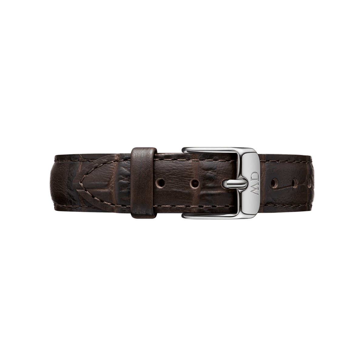 York Strap Silver brown crocodile-embossed leather watch strap with polished silver buckle, detailed stitching, and adjustable holes for a comfortable, refined fit.