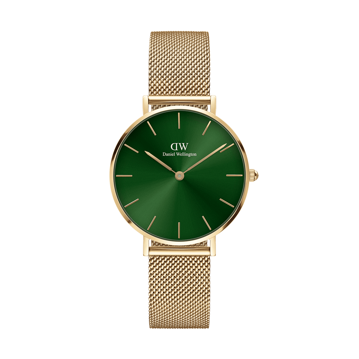 Petite Emerald gold watch for women featuring a polished gold mesh strap and a striking emerald green sunray dial, designed with minimalist gold hour markers for a modern, elegant look.