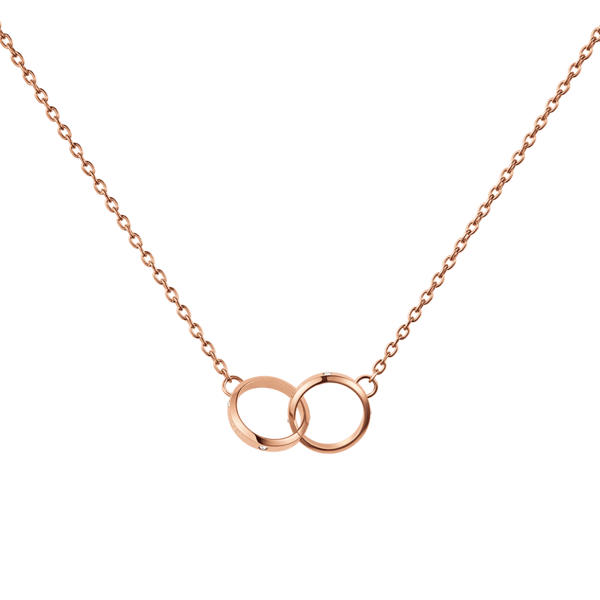 Classic Lumine Unity Rose Gold necklace featuring interlocking rose gold rings and a delicate chain, showcasing minimalist design and subtle elegance suitable for everyday wear.