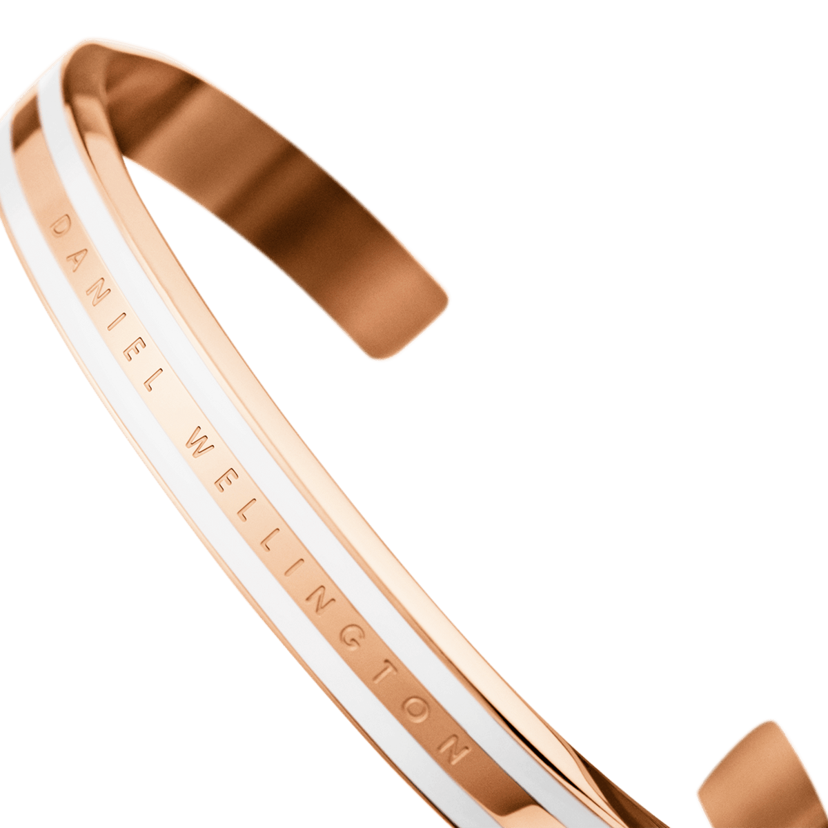 Angled view of the Emalie Slim Bracelet Rose Gold showing its slim rose gold cuff, satin white enamel detailing, and Daniel Wellington logo engraving for a contemporary, refined finish.