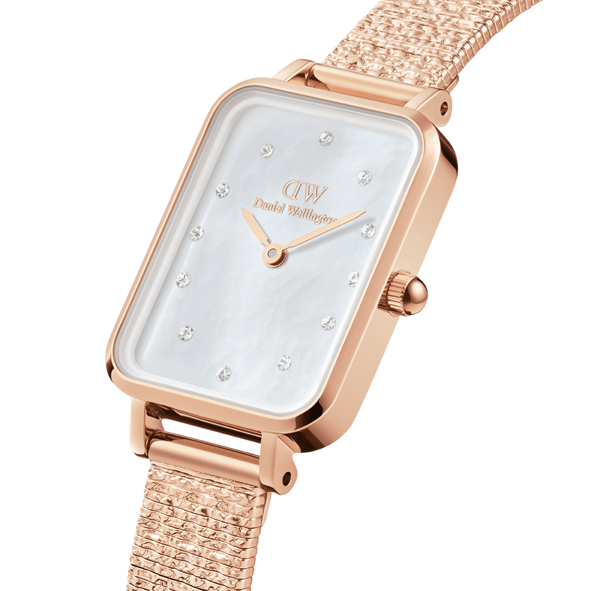 Quadro Lumine Pressed Piano White MoP Rose Gold watch featuring a rectangular rose gold case, mother of pearl dial with crystal hour markers, and a textured piano link bracelet.