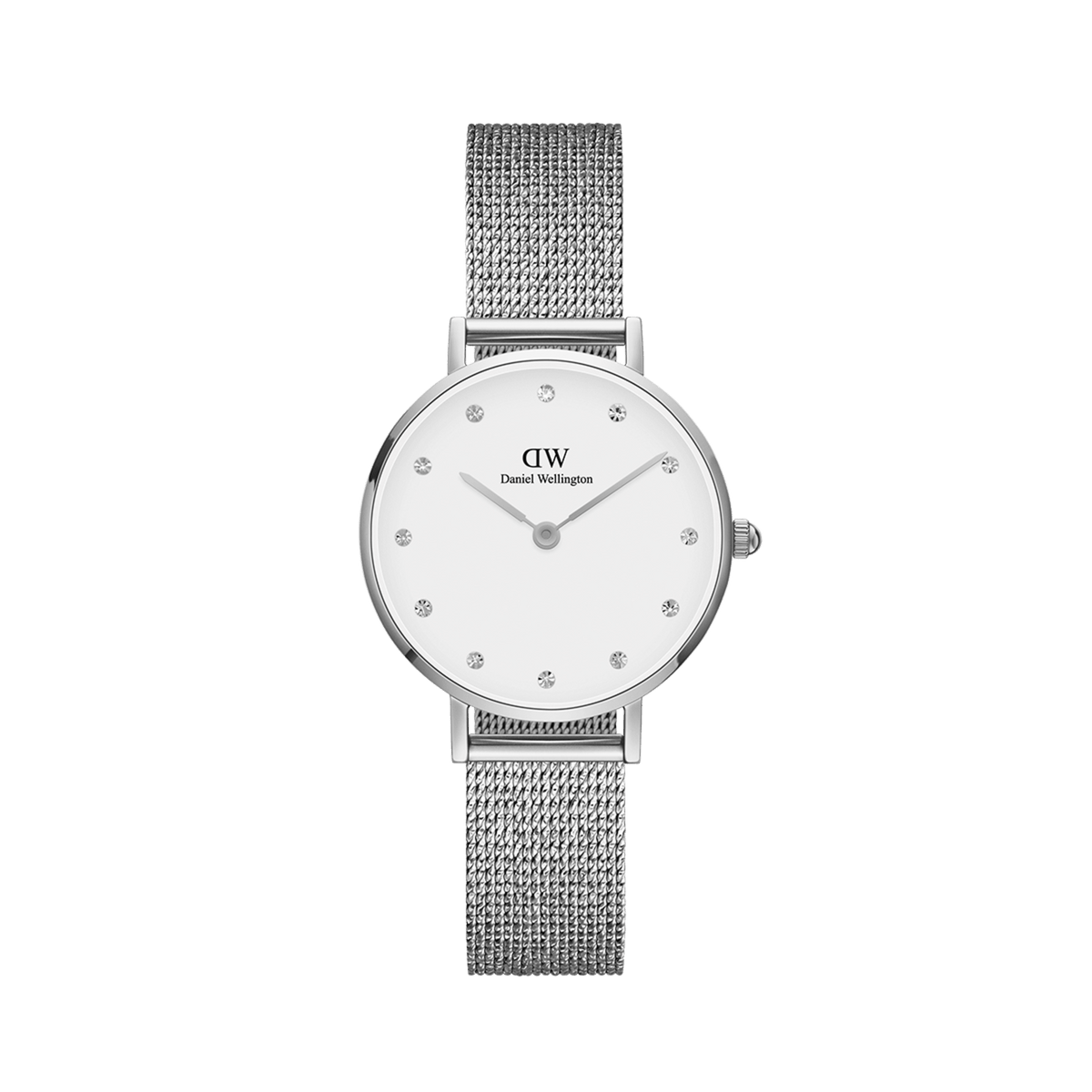 Petite Lumine Pressed Sterling features a 28mm round silver case, eggshell white dial with crystal markers, and an elegant pressed mesh strap, offering a minimalist and refined look for women.