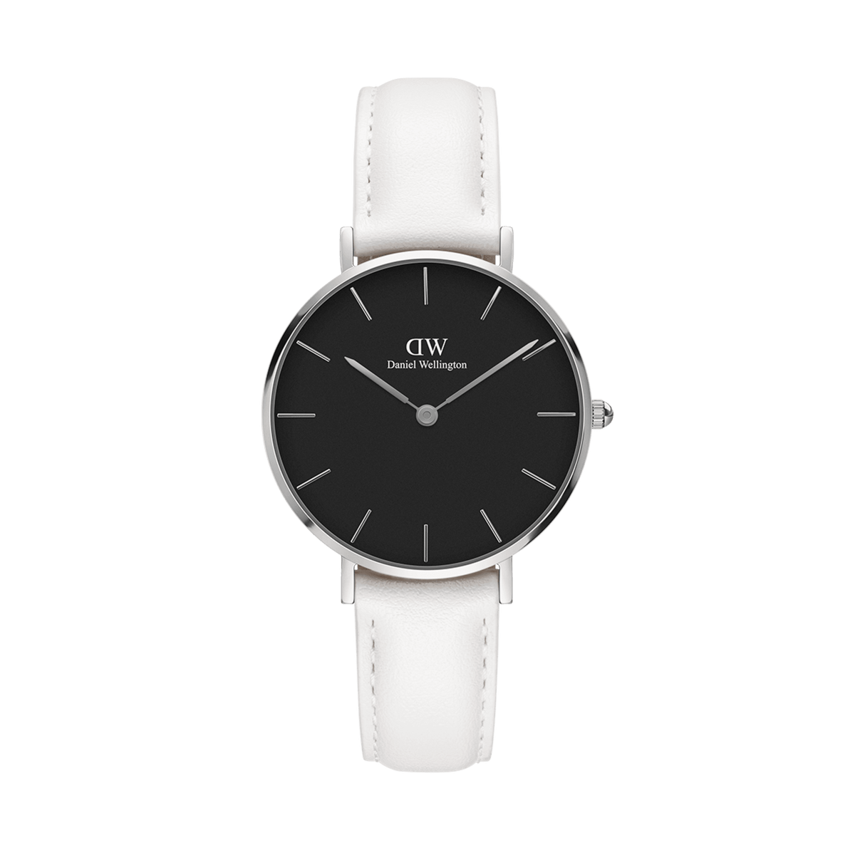 Petite Bondi Black Silver women’s watch with a minimalist black dial, polished silver case, and an adjustable white leather strap, designed for a refined and contemporary look.
