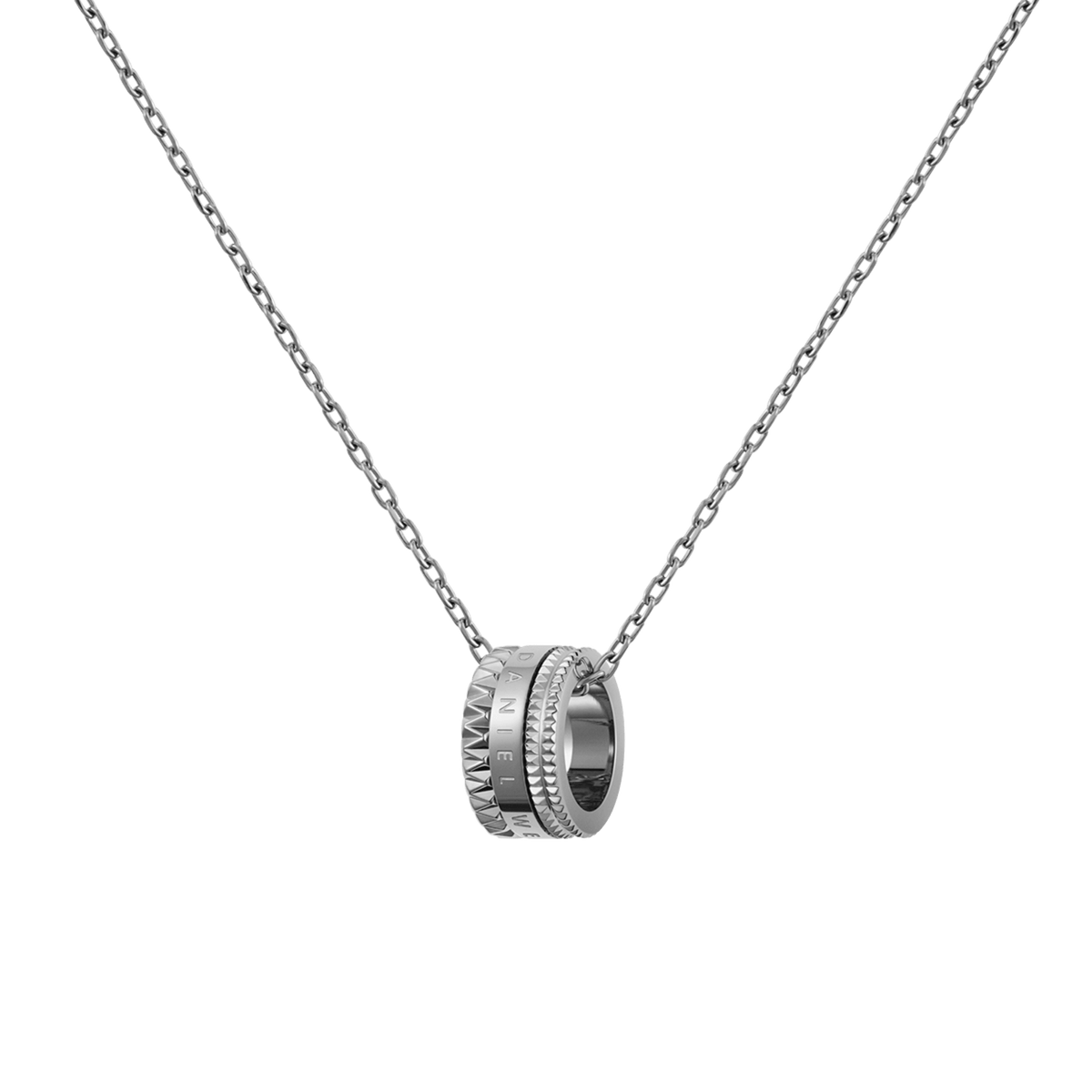 Silver necklace with a geometric ring pendant featuring intricate detailing and a polished finish, suspended on a fine adjustable chain. The modern, sculptural design of the Elevation Necklace Silver adds a distinctive touch to everyday or occasion wear.