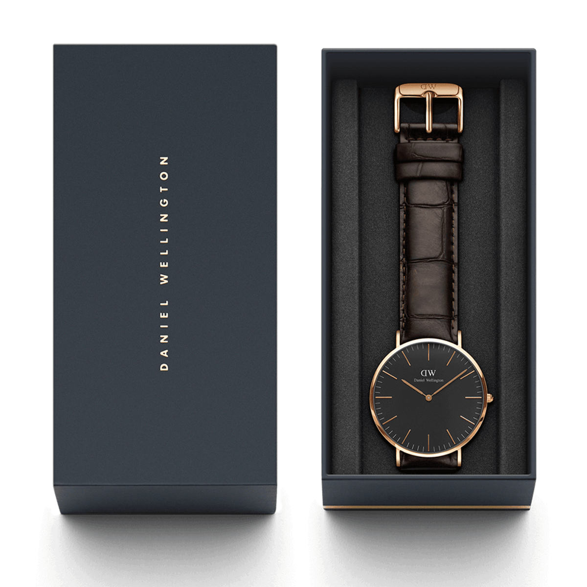Classic York Black Rose Gold watch presented in a sleek Daniel Wellington gift box, featuring a black dial, rose gold case, and dark brown croc-embossed leather strap.