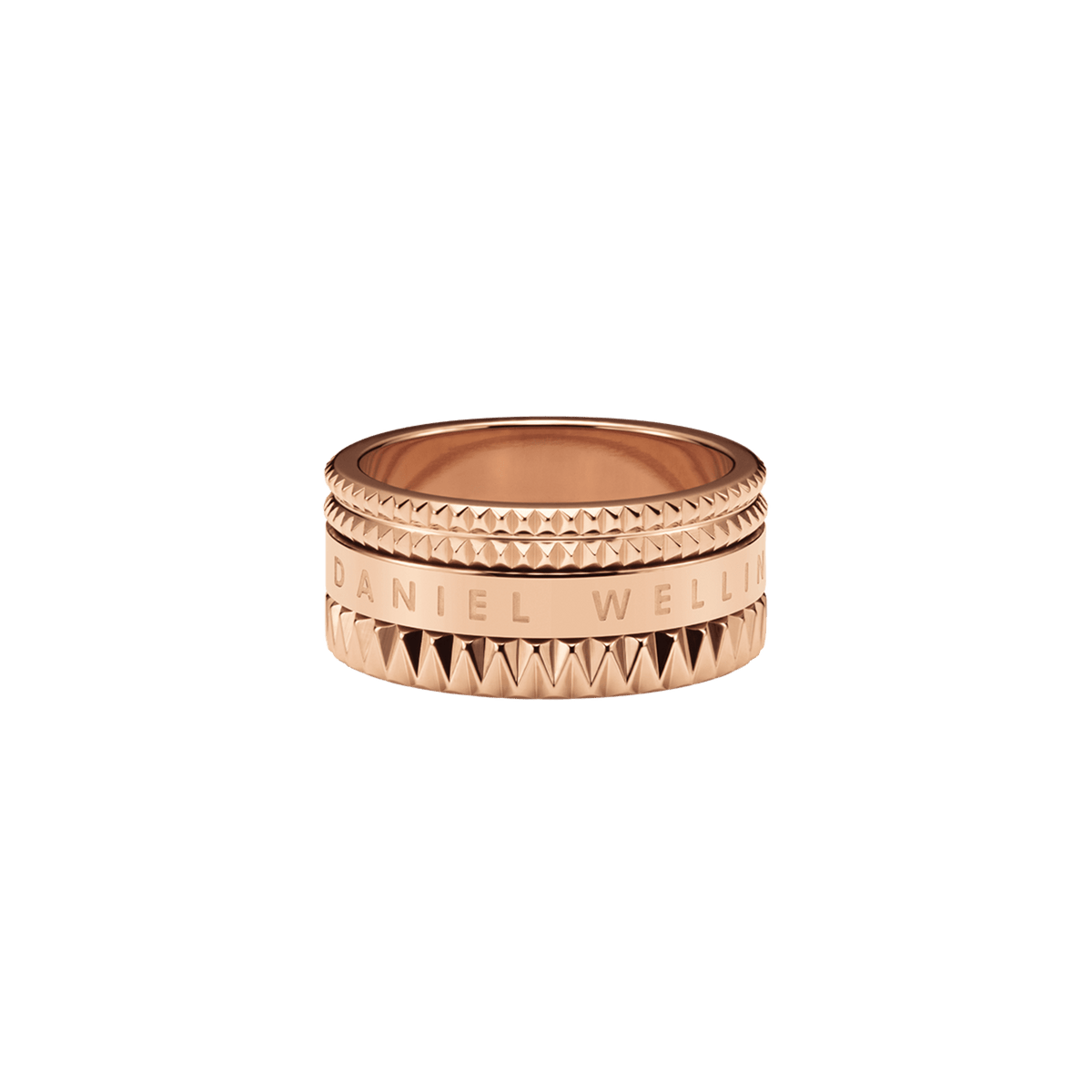 Elevation Ring Rose Gold featuring a wide, polished rose gold band with geometric textured edges and the Daniel Wellington logo engraved around the centre.