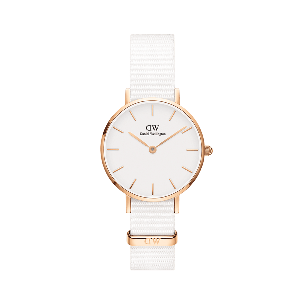 Rose gold ladies watch with a minimalist white dial, slim rose gold markers, and an adjustable white NATO fabric strap, designed for a modern and elegant look.