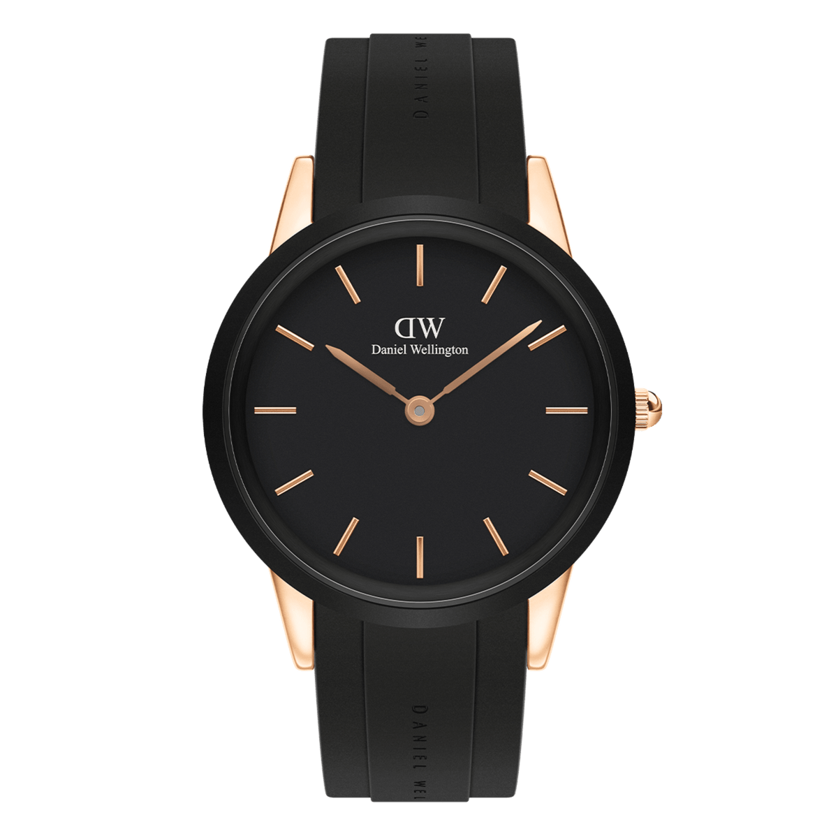 Daniel Wellington Iconic Motion Rose Gold watch with a black dial, rose gold markers and hands, and a black FKM rubber strap, featuring a minimalist design and a durable rose gold stainless steel case.