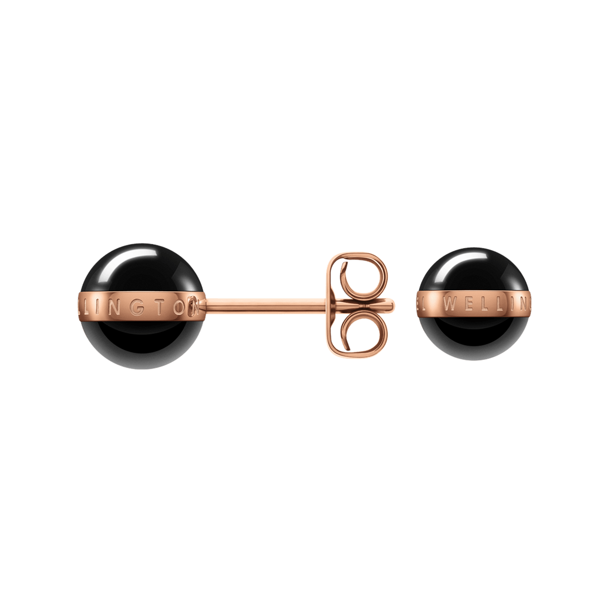 Aspiration Earrings Rose Gold Black shown with one earring displaying the stud and butterfly back, highlighting the polished black ceramic sphere and rose gold plated band with engraved branding.