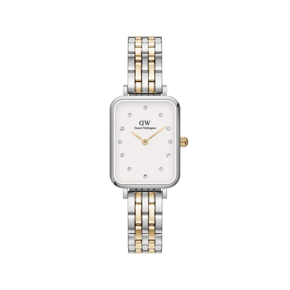 Quadro Lumine 5-link two-tone ladies watch with a rectangular eggshell white dial, crystal hour markers, and a silver and gold stainless steel bracelet.