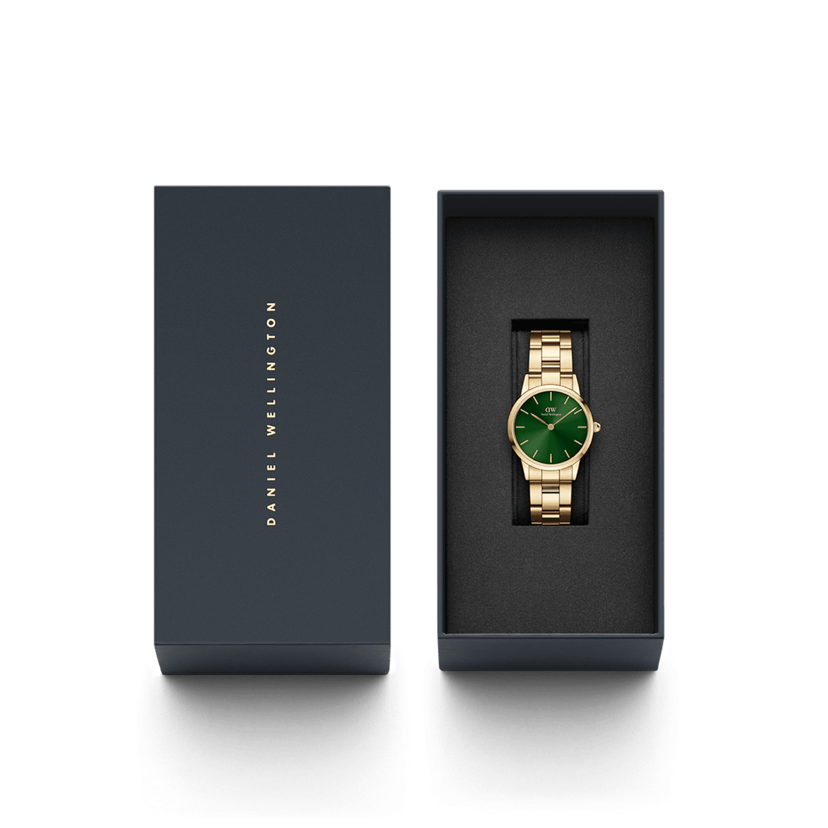 Iconic Link Emerald Gold watch with a gold-plated stainless steel bracelet and emerald green dial, elegantly presented in a black Daniel Wellington gift box.