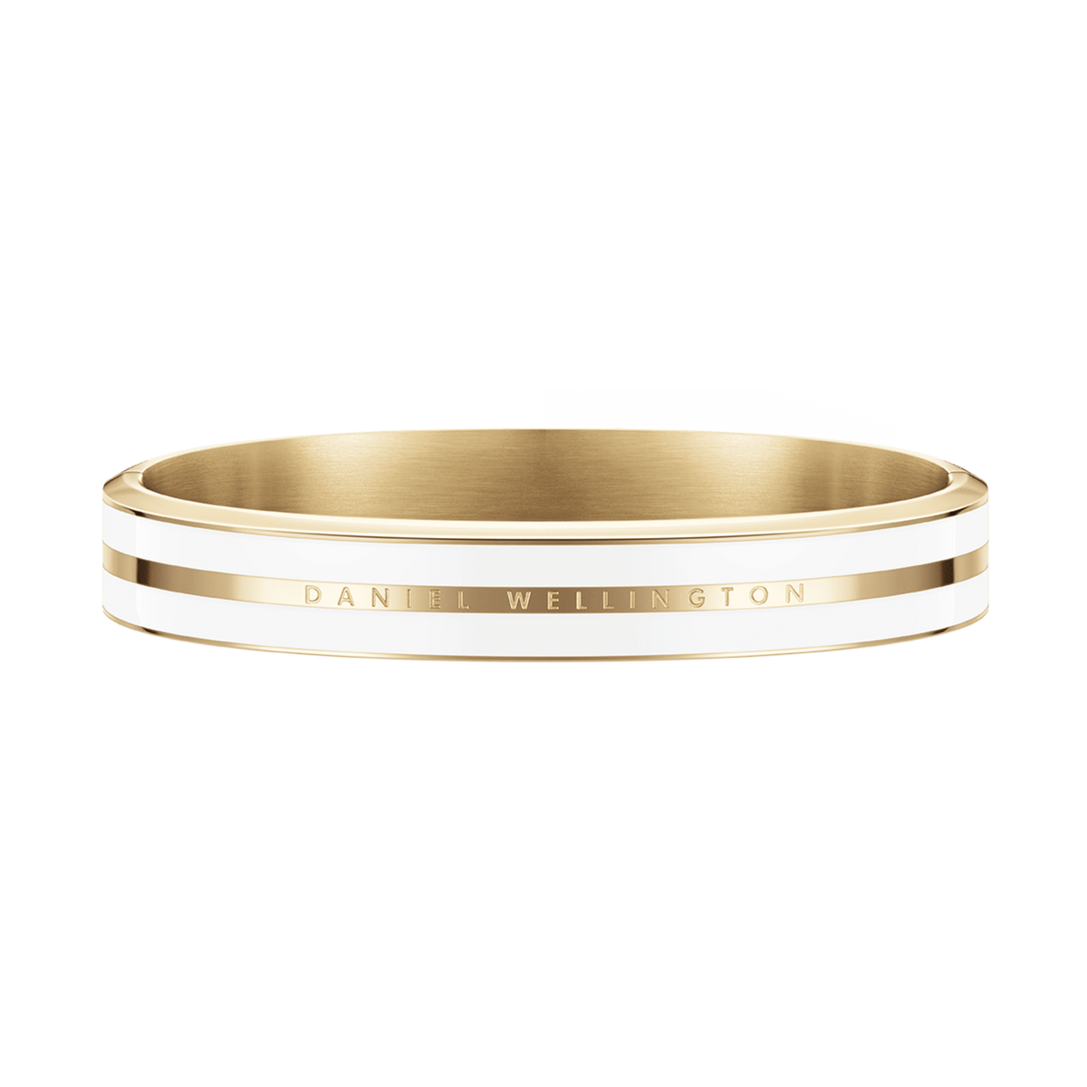 Refined Emalie Infinite Gold Satin White bracelet with a gold-tone stainless steel base, satin white enamel detail, and discreet Daniel Wellington branding, ideal for those who appreciate classic and versatile jewellery.