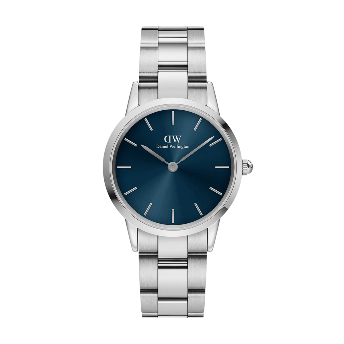 Daniel Wellington Iconic Link Arctic Silver watch featuring a polished stainless steel link bracelet and a deep blue sunray dial with minimalist silver markers.