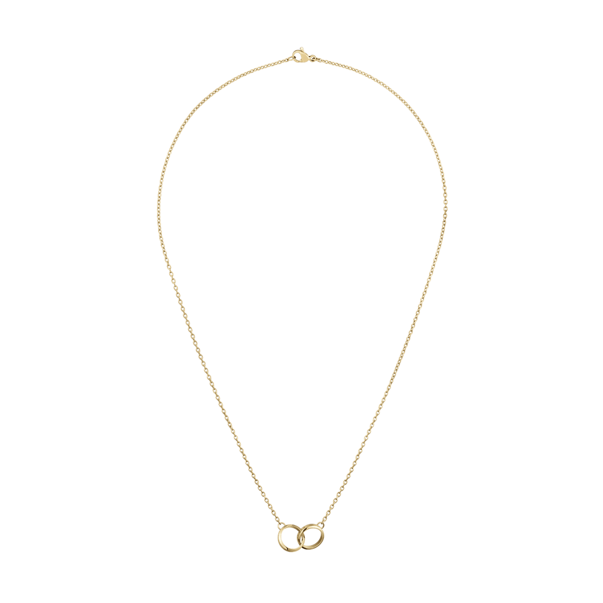 Elan Unity Necklace Gold with two interlocked rings on a fine gold chain, featuring a minimalist pendant and a secure clasp for comfortable everyday wear.