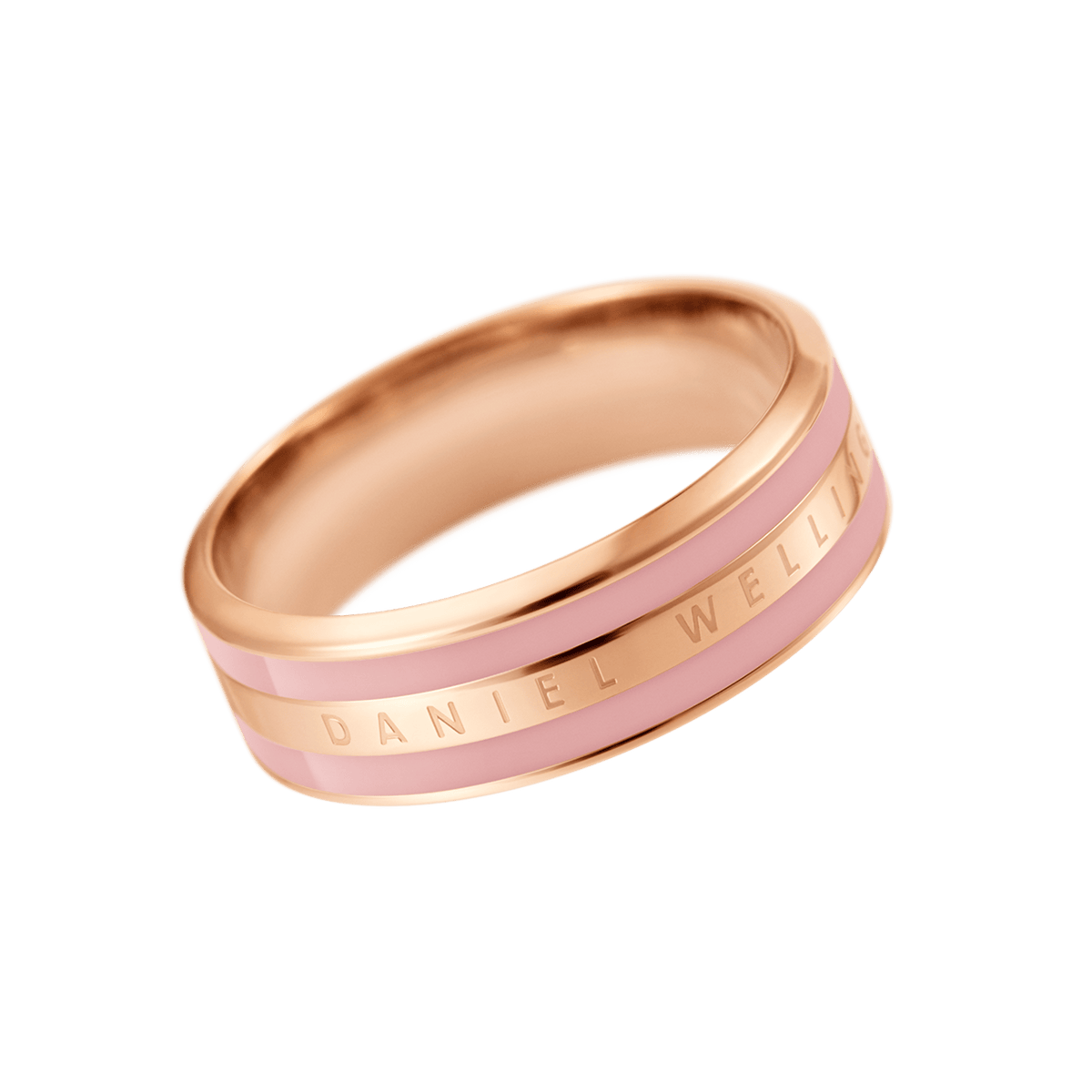 Rose gold band ring featuring soft dusty rose enamel detailing and the Daniel Wellington logo engraved along the centre.