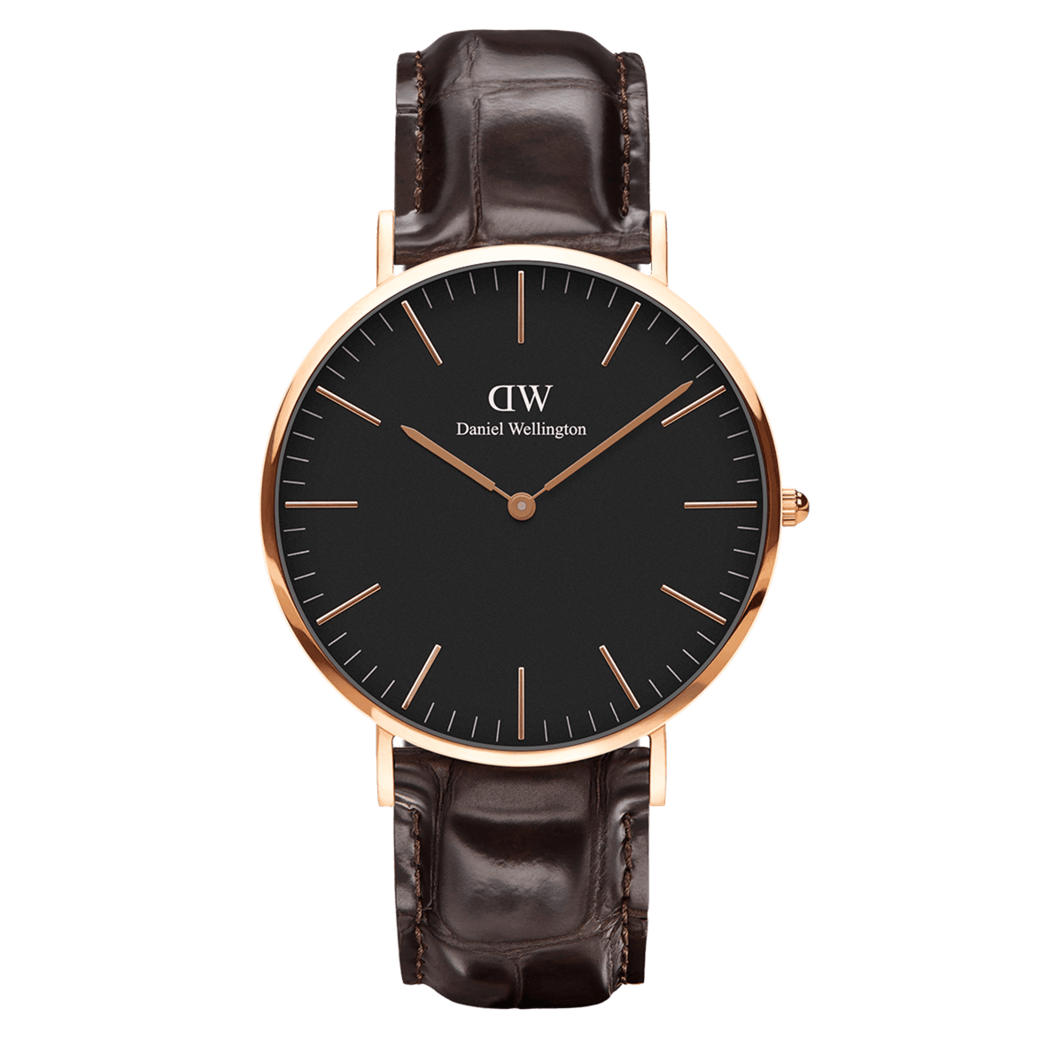 Classic York Black Rose Gold men’s watch with a minimalist black dial, rose gold case and markers, and a dark brown croc-embossed genuine leather strap.