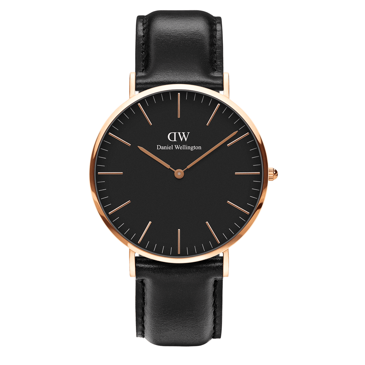 Classic Sheffield Black Rose Gold men’s watch featuring a black round dial, rose gold stainless steel case, minimalist hour markers, and a smooth black leather strap.