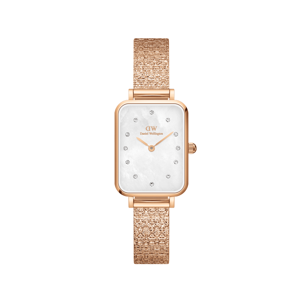 Quadro Lumine Pressed Piano White MoP Rose Gold ladies watch with a rectangular mother of pearl dial, crystal hour markers, and a textured rose gold piano link bracelet.