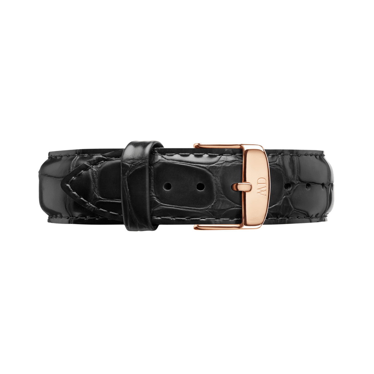 Classic Reading Black Rose Gold watch strap in genuine black croc-embossed leather, finished with a polished rose gold buckle for a refined and versatile look.