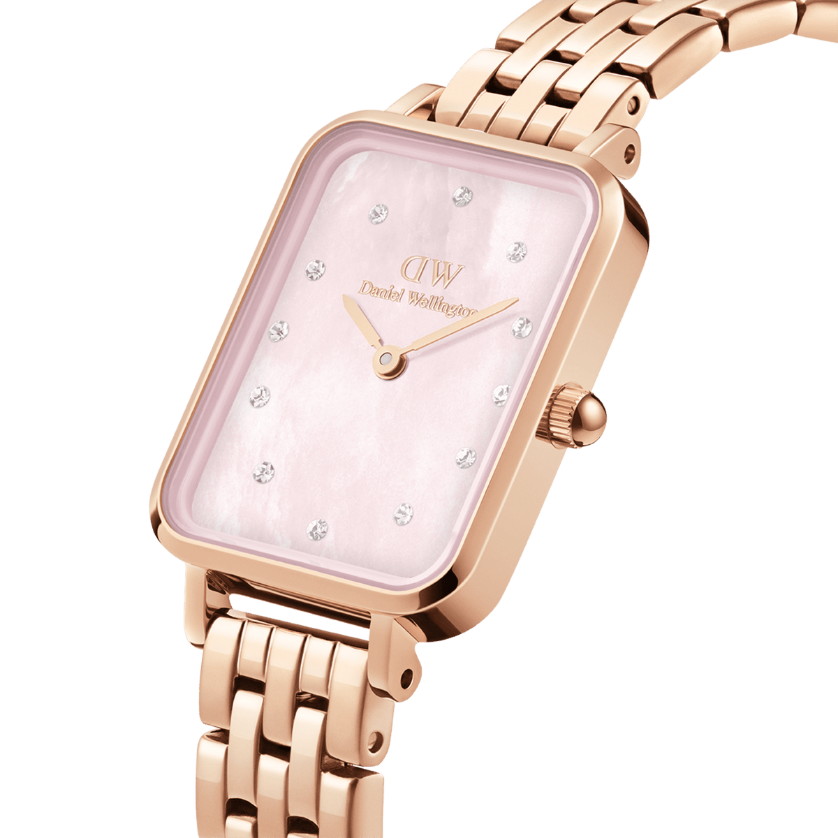 Close-up of the Quadro Lumine 5 Link Melrose Pink MoP Rose Gold ladies watch, showing the rectangular pink mother of pearl dial with crystal hour markers and a polished rose gold five-link bracelet.