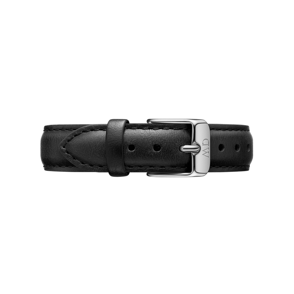 Black genuine leather strap for the Petite Sheffield Silver watch, featuring detailed stitching and a polished silver buckle for adjustable comfort and secure fit.