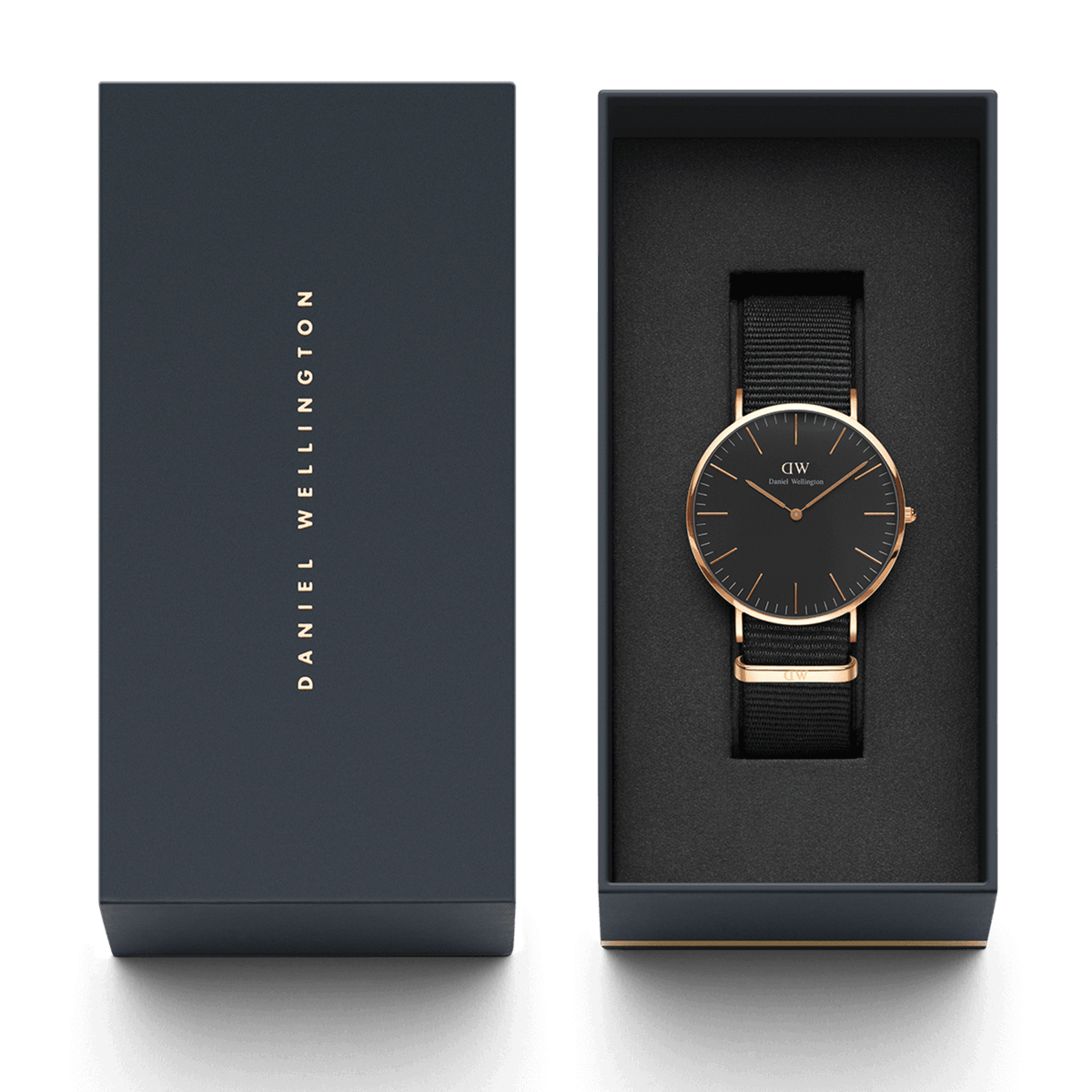 Classic Cornwall Black Rose Gold watch presented in a sleek Daniel Wellington gift box, featuring a black NATO strap and minimalist black dial with rose gold accents.