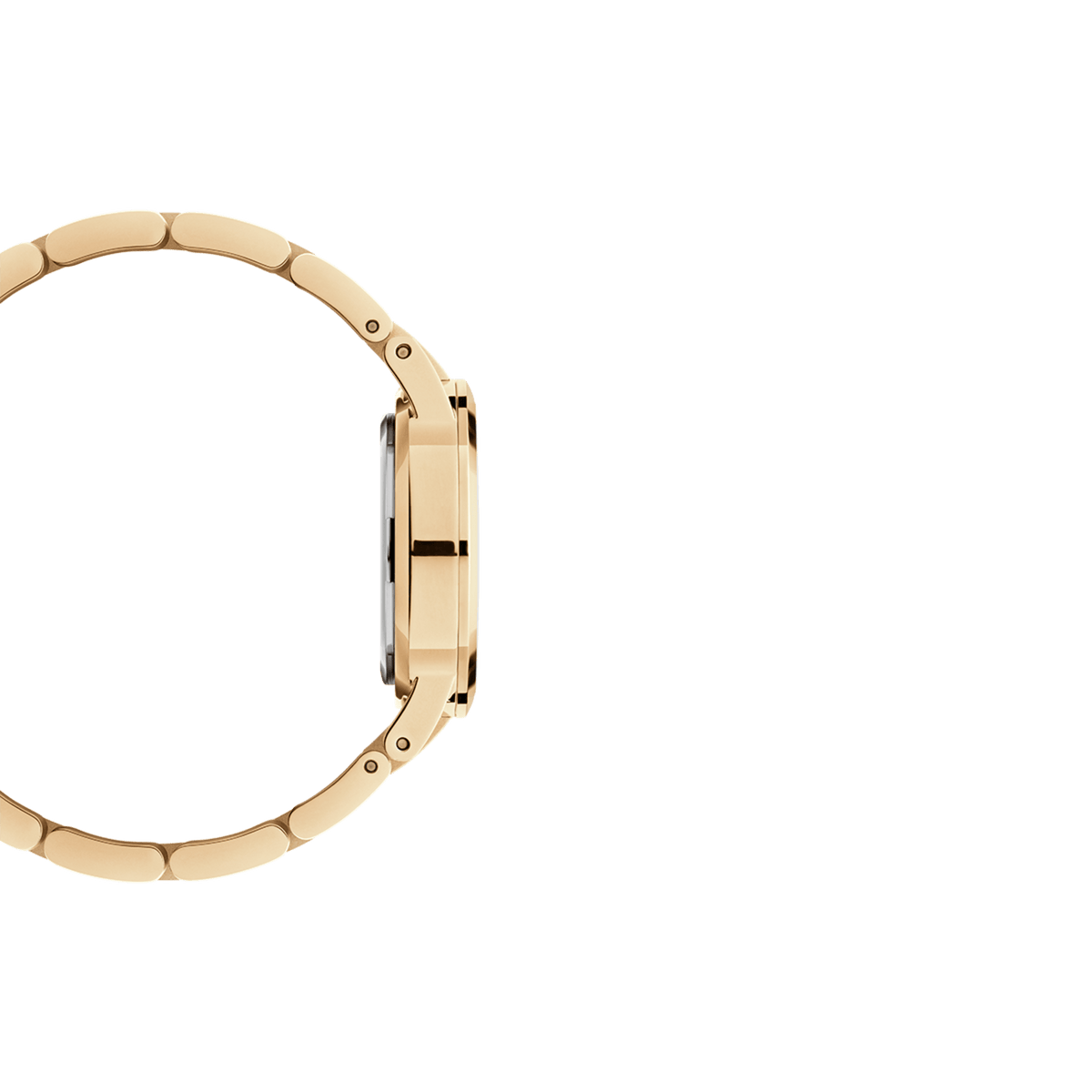 Side profile of the Daniel Wellington Iconic Link Unitone G gold watch, highlighting its slim 28mm case and polished gold stainless steel bracelet.