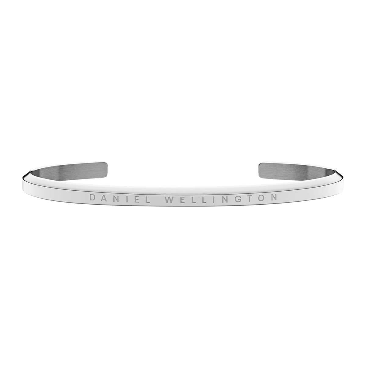 Classic Bracelet Silver by Daniel Wellington featuring a minimalist open cuff design in polished stainless steel, with the brand name engraved on the front.