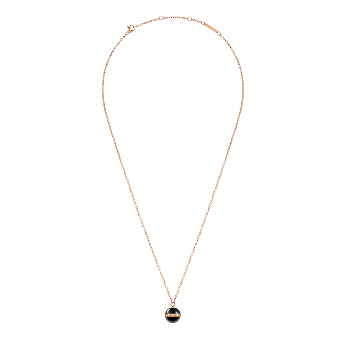 Aspiration Necklace Rose Gold Black featuring an adjustable rose gold chain and a spherical black ceramic pendant with a rose gold plated band, designed for a contemporary and elegant finish.