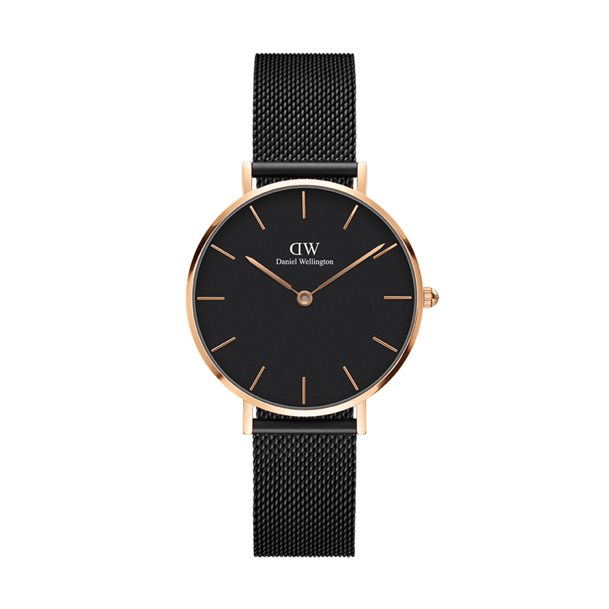 Petite Ashfield Rose Gold ladies watch with a slim rose gold case, minimalist black dial, and adjustable black mesh strap, designed for everyday comfort and modern elegance.