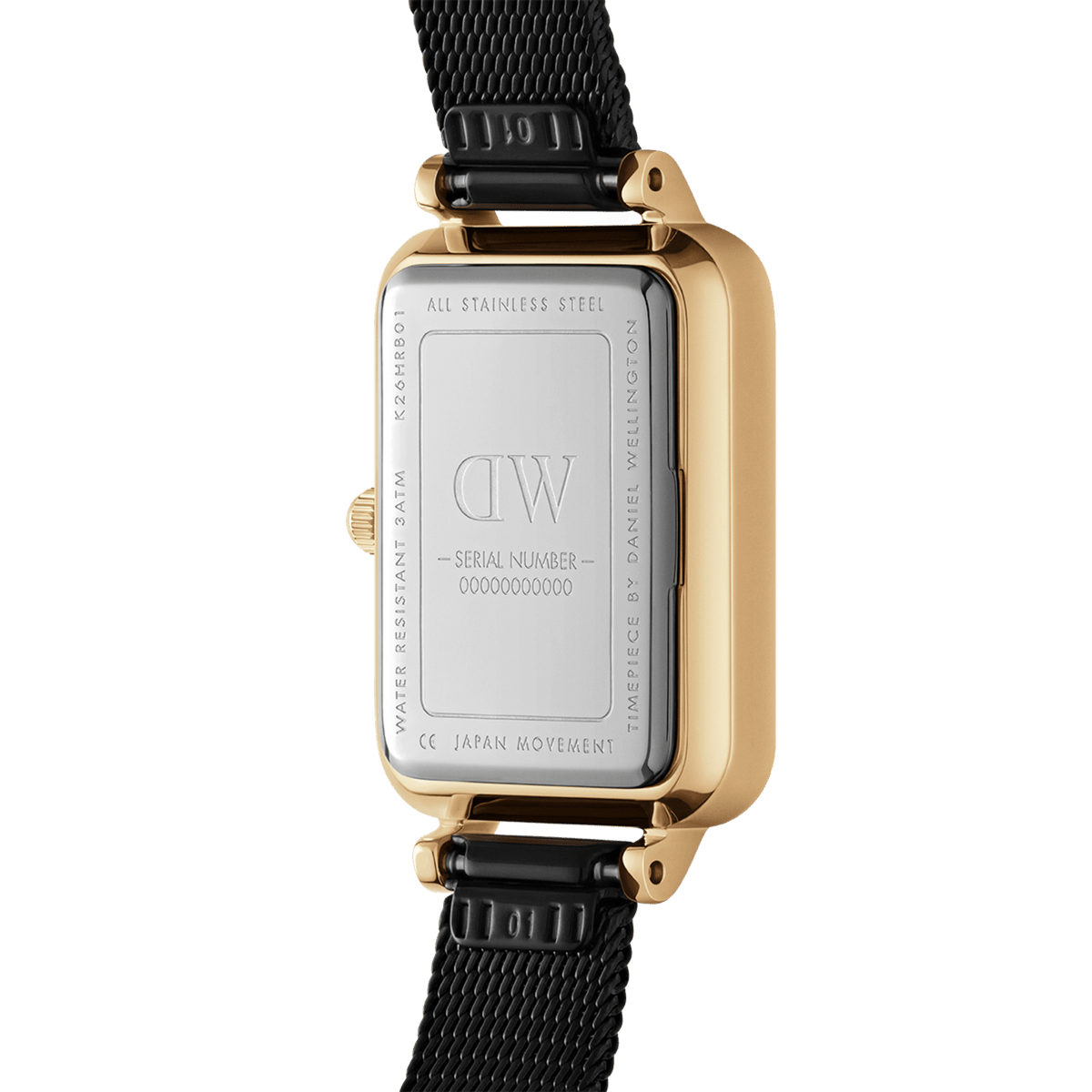 The back of the Quadro Pressed Ashfield Gold watch reveals a stainless steel case with engraved details, gold-plated sides, and a black adjustable mesh strap, highlighting its premium craftsmanship and water-resistant feature.