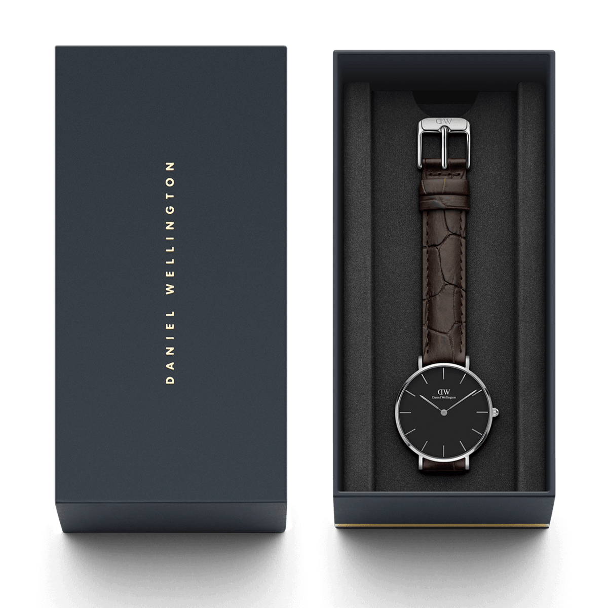 Petite York Black Silver ladies watch presented in a Daniel Wellington gift box, featuring a minimalist black dial, slim silver case, and croc-embossed dark brown leather strap.
