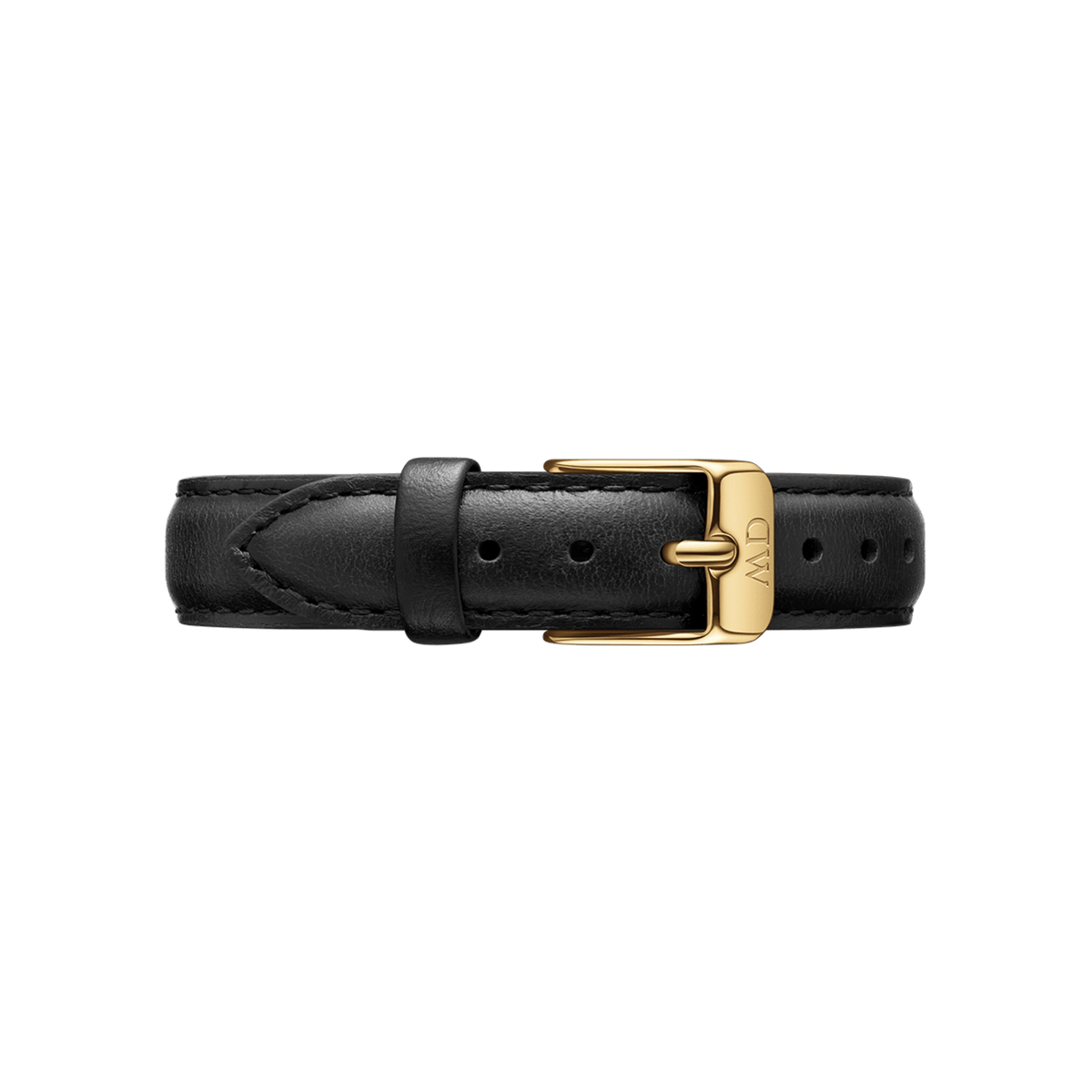Black genuine leather watch strap with a gold buckle, designed for the Petite Sheffield Gold, featuring fine stitching and adjustable holes for a comfortable and secure fit.