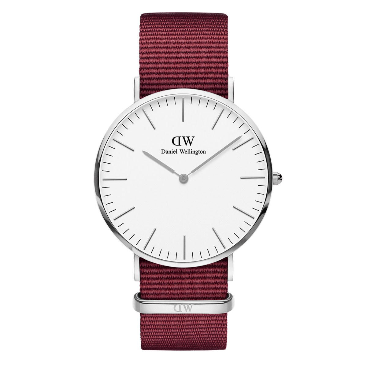 Classic Roselyn Silver watch with a minimalist silver case, eggshell white dial, slim silver hour markers, and a ruby red NATO strap, designed for everyday comfort and versatile style.