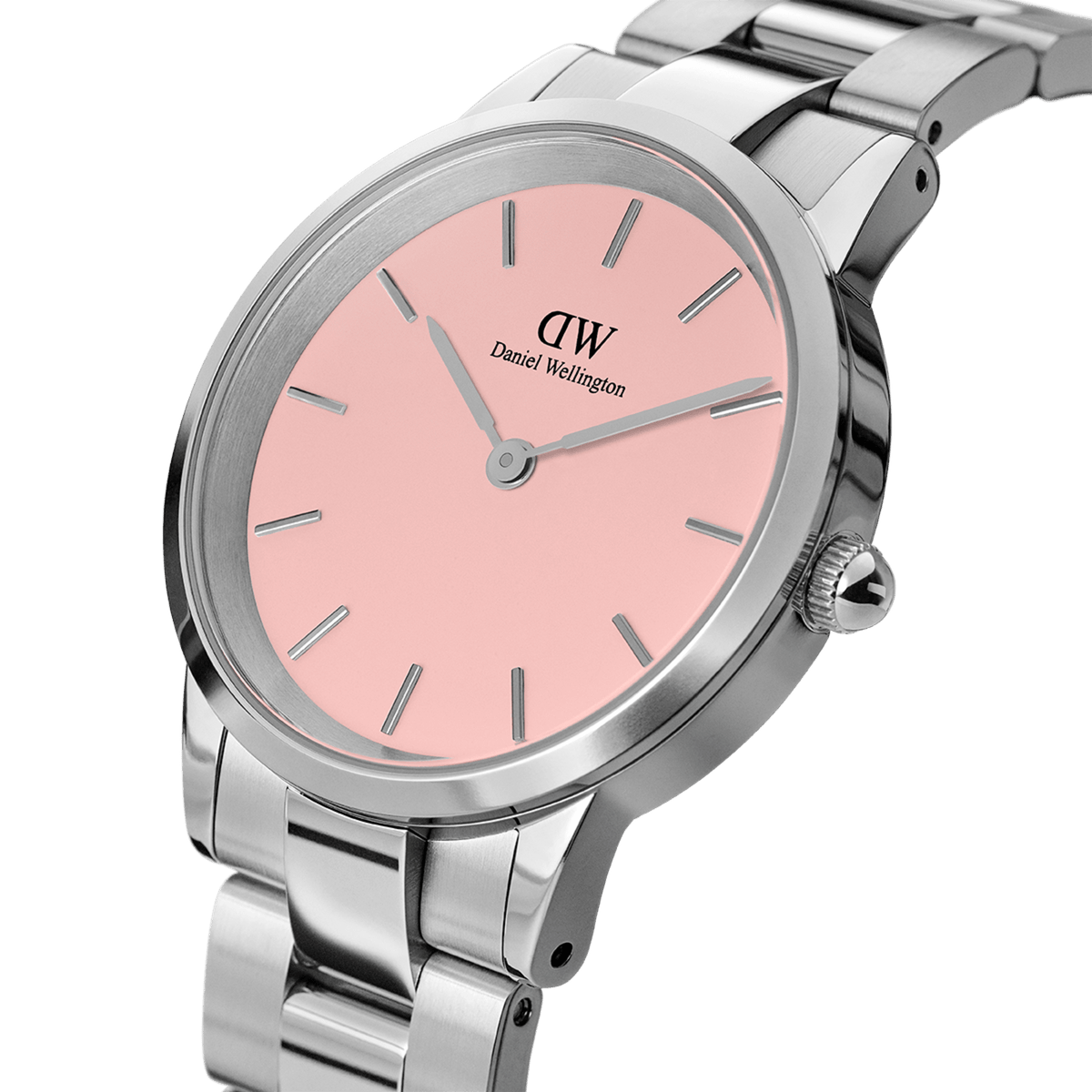 Close-up of the Iconic Link Blush Silver ladies watch, showcasing its polished stainless steel bracelet and pastel pink dial with minimalist silver hour markers, perfect for a refined everyday look.