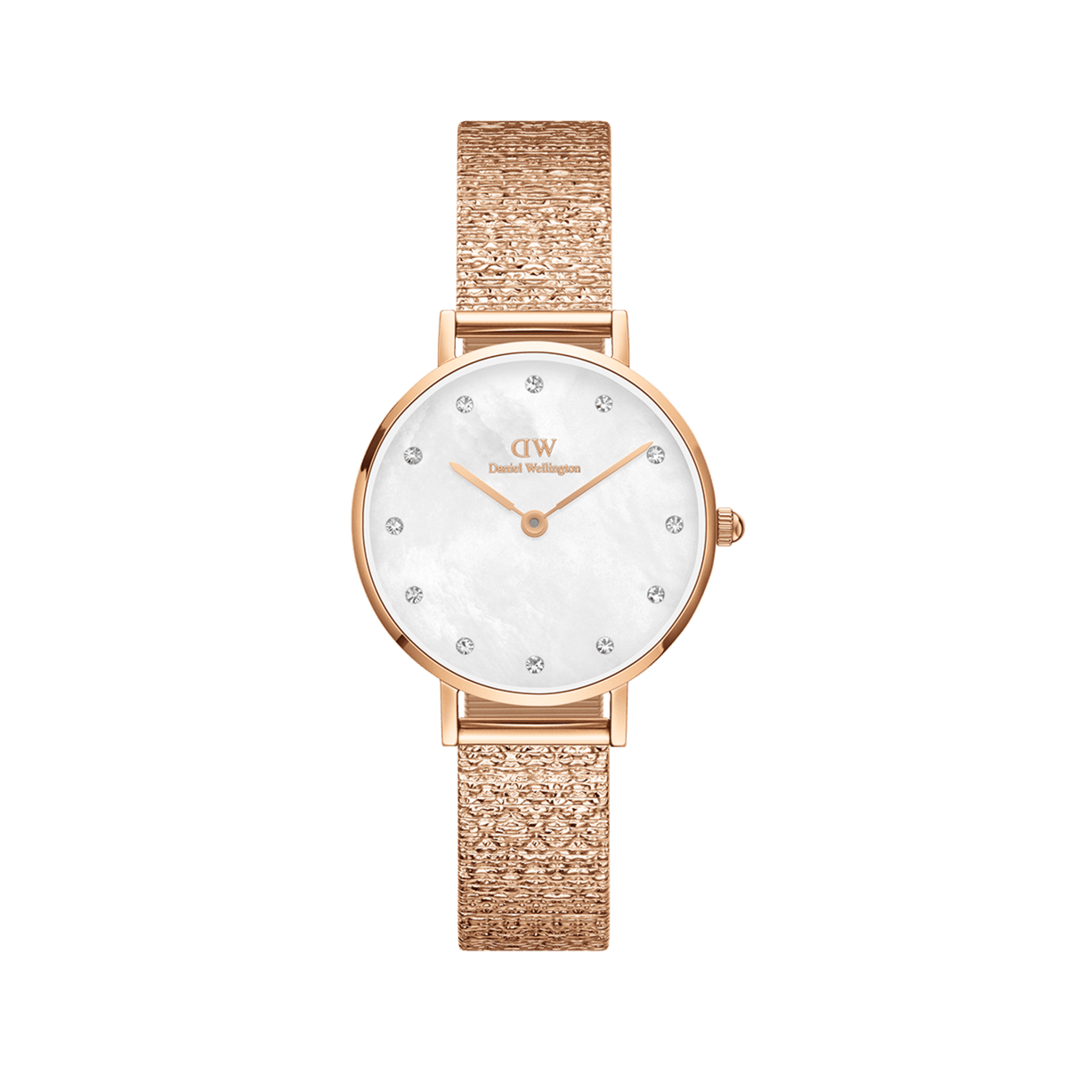 Petite Lumine Pressed Piano White MoP Rose Gold ladies watch with a slim rose gold pressed piano link strap, white mother of pearl dial, and crystal hour markers for a refined, elegant look.