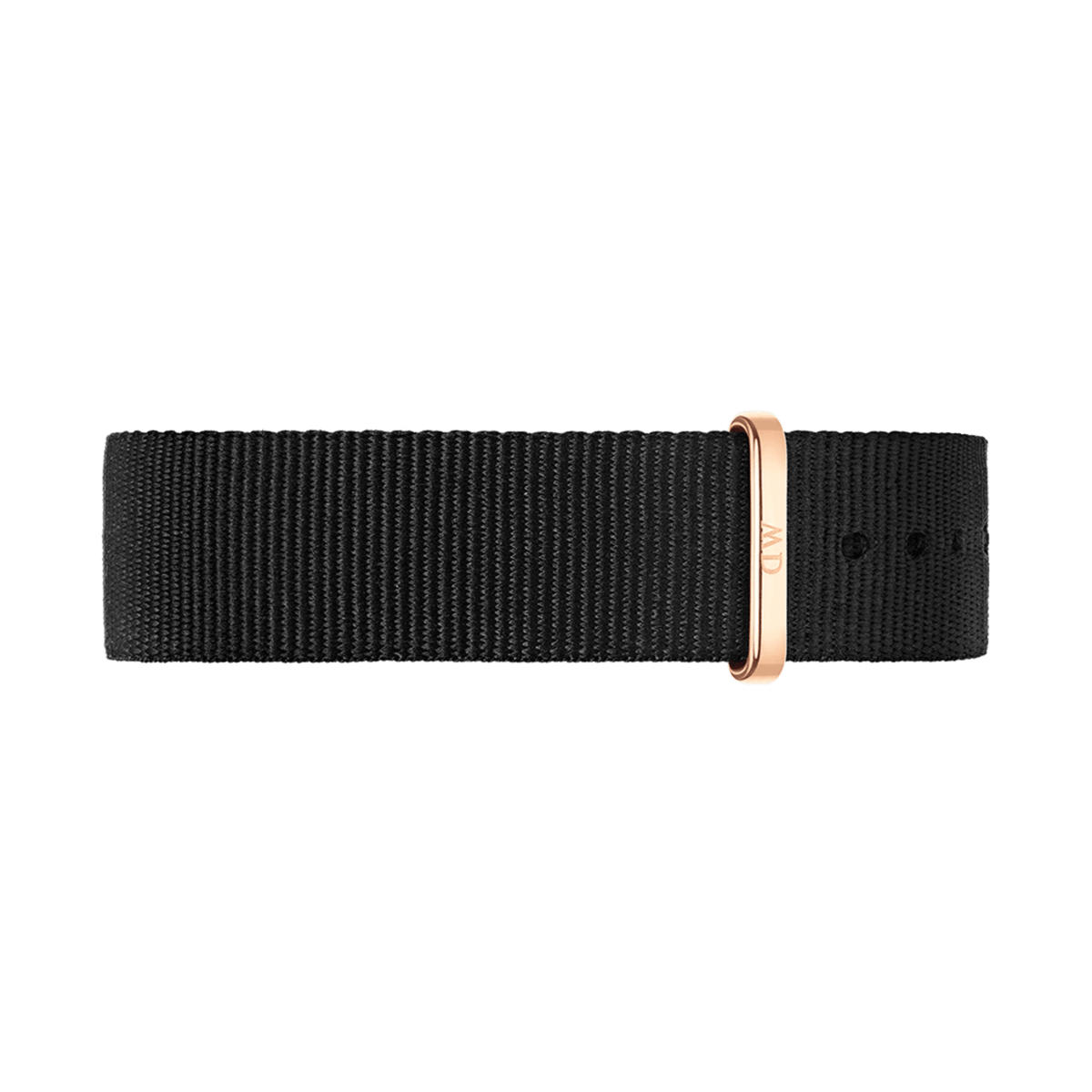 Black NATO-style watch strap made from durable polyester, featuring a rose gold buckle and minimalist design, suitable for a range of watch sizes.