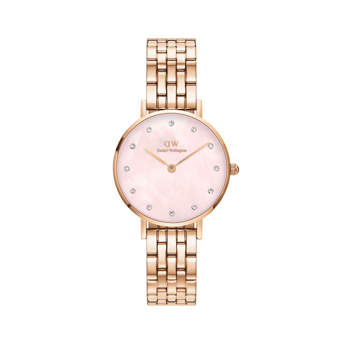 Rose gold ladies watch with a five-link bracelet, featuring a pink mother of pearl dial and crystal hour markers, designed for everyday comfort and a refined look.