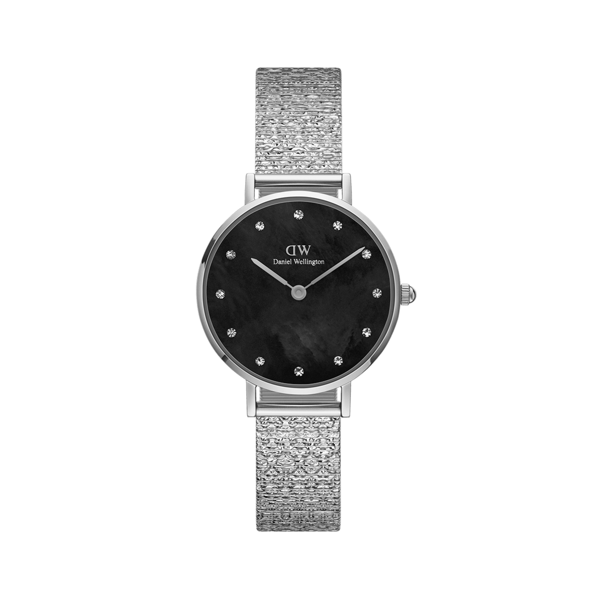 Daniel Wellington Petite Lumine Pressed Piano Black MoP Silver watch with a 28mm stainless steel mesh-inspired strap, featuring an iridescent black mother of pearl dial and crystal hour markers for a refined, modern look.