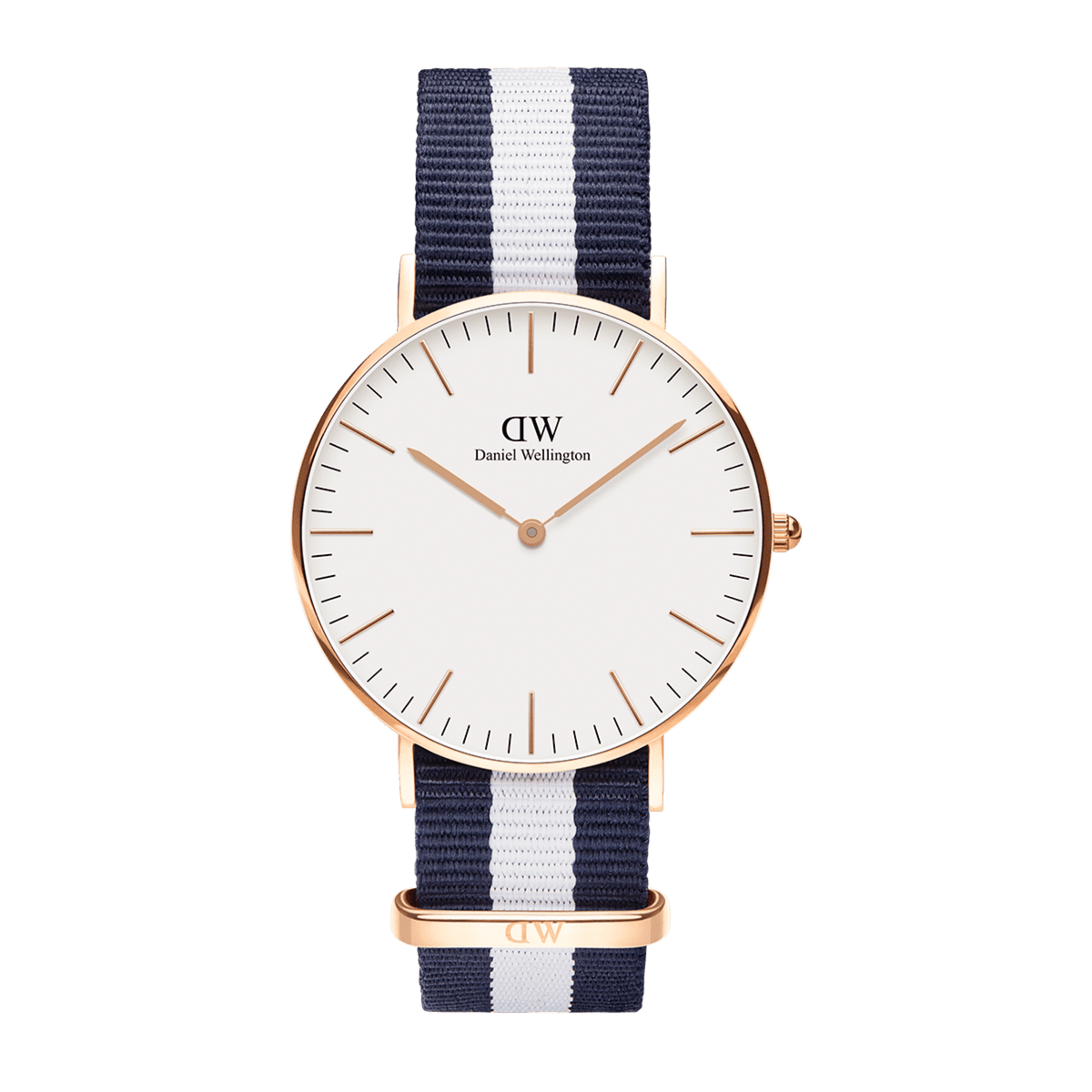 Classic Glasgow Rose Gold watch featuring a slim rose gold case, minimalist eggshell white dial, and a blue and white striped NATO strap for a modern nautical look.