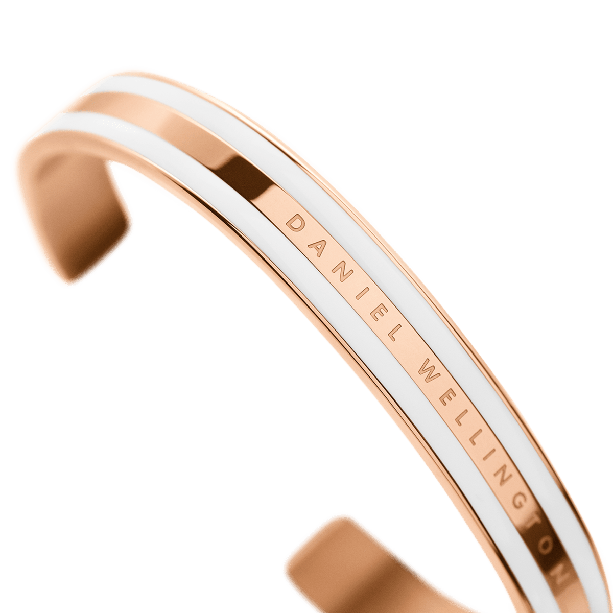 Detail view of the Emalie Bracelet Satin White Rose Gold, showing the satin white enamel and rose gold plating with Daniel Wellington branding on the cuff.