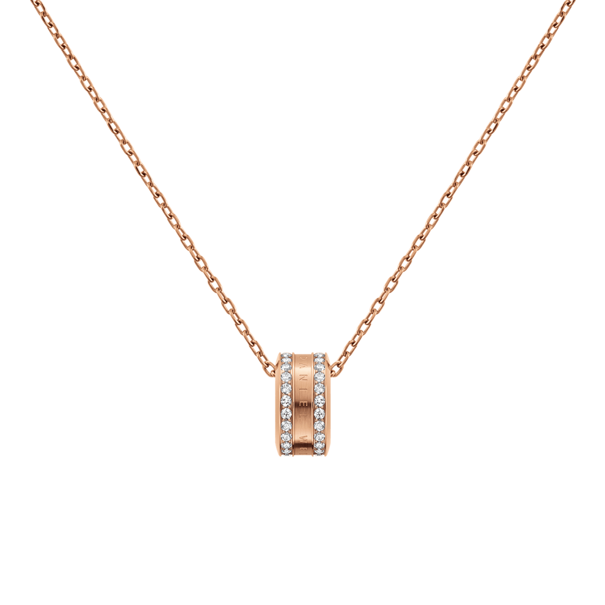 Rose gold Elan Lumine Necklace with a round pendant featuring crystal-lined edges and engraved detailing, suspended on a fine adjustable chain for a sophisticated finish.