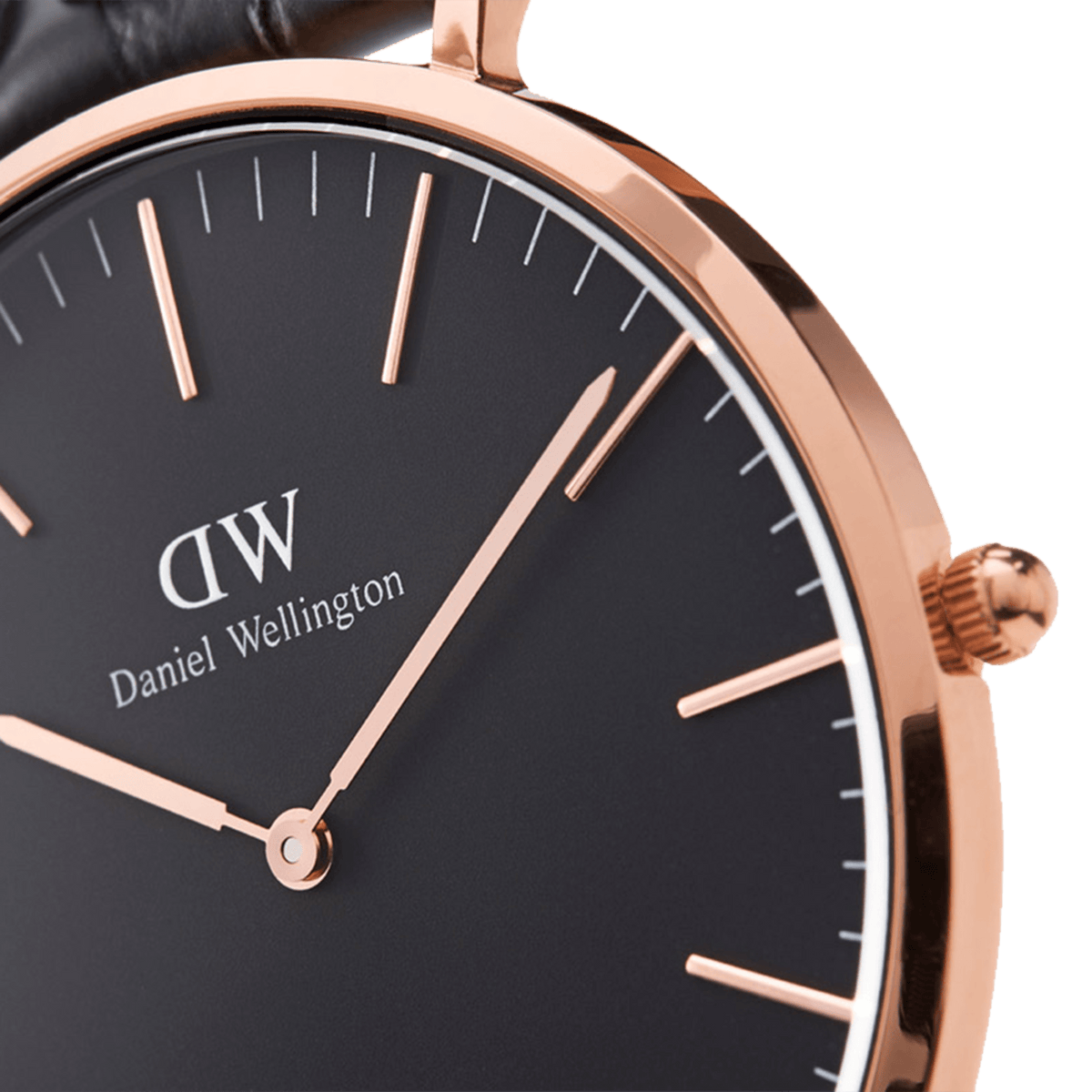 Close-up of the Classic Bristol Black Rose Gold watch showing its black dial, slim rose gold case, and minimalist rose gold hour markers and hands.
