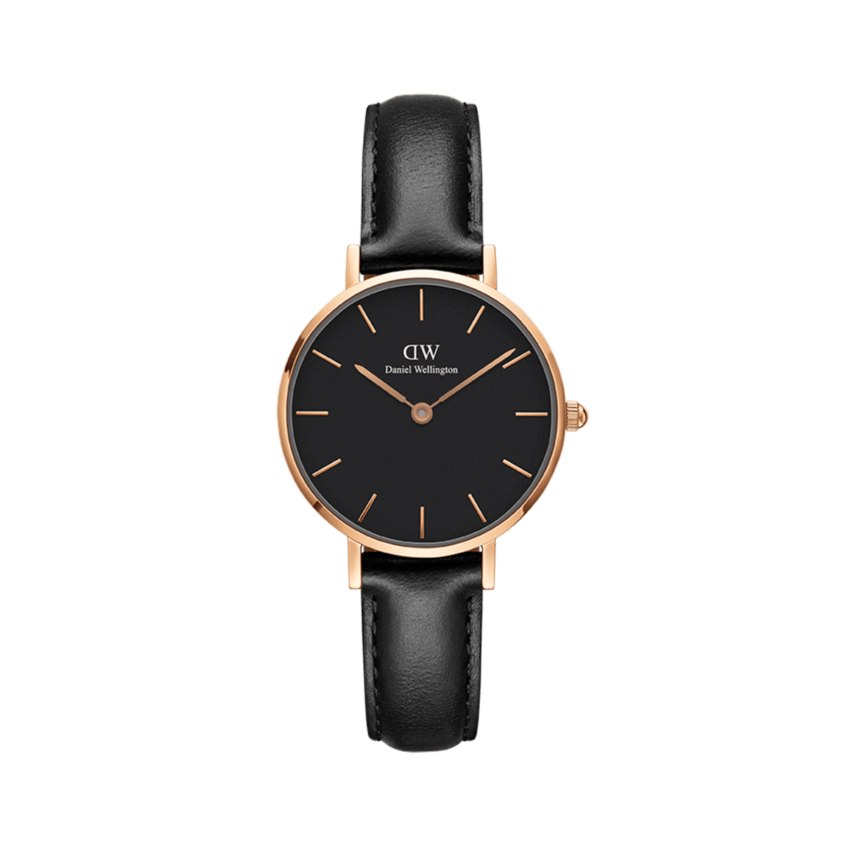Petite Sheffield ladies watch featuring a rose gold case, minimalist black dial, and genuine black leather strap, ideal for everyday wear and versatile styling.